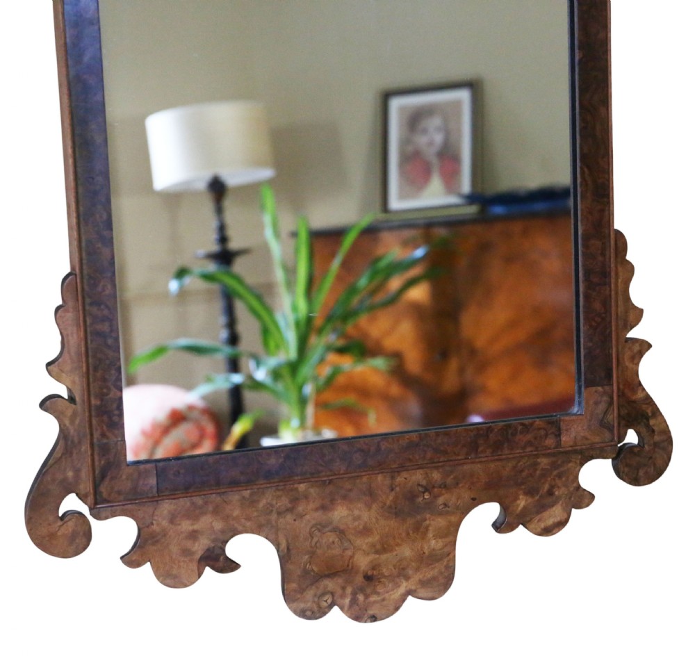 Antique c.1910 Georgian Revival Burr Walnut Fret-Cut Overmantle Mirror – Fine Quality View VI