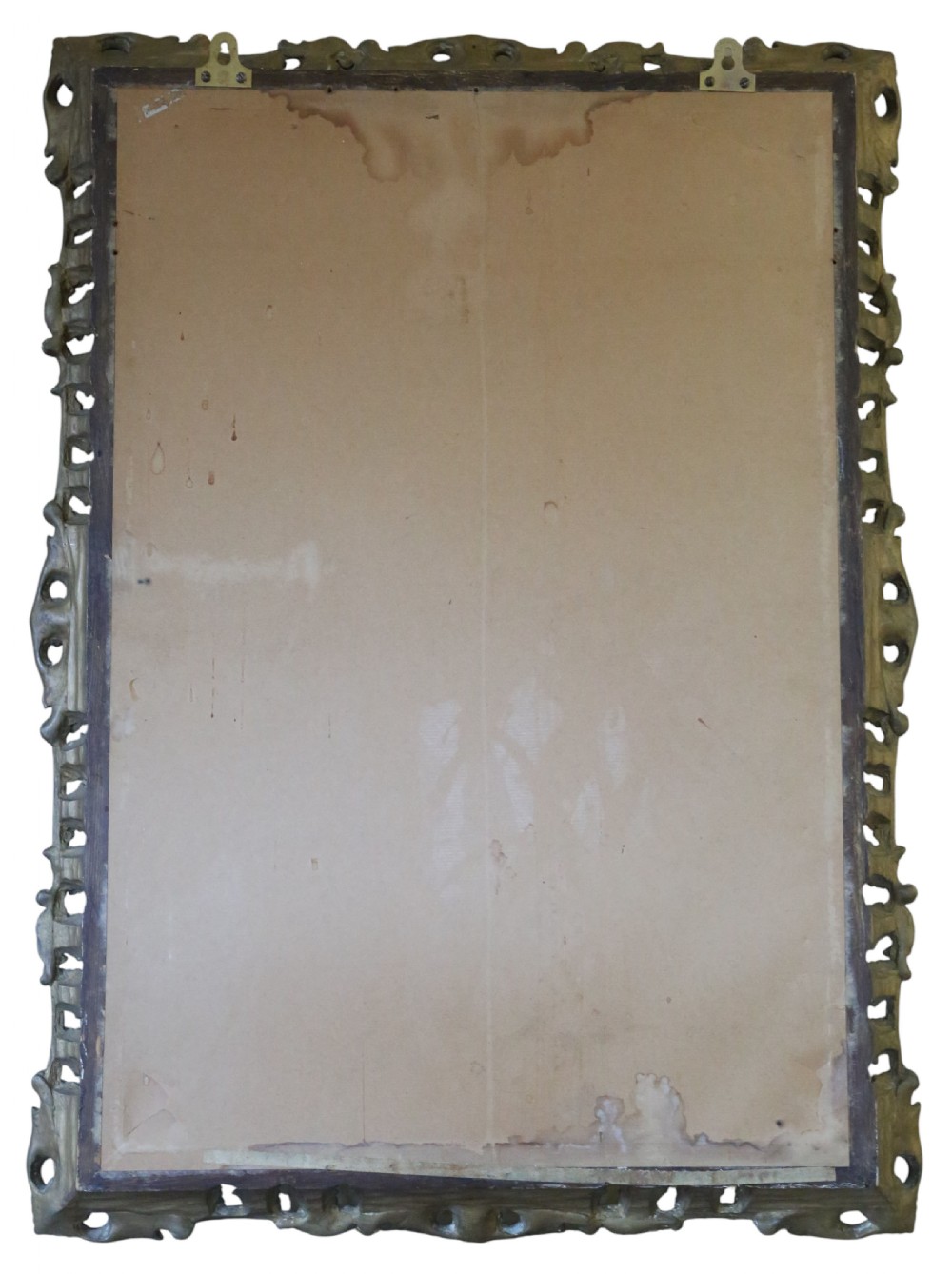 A rectangular 19th-century giltwood mirror featuring an ornate, openwork pierced frame carved with Rococo scrollwork and foliate details. View V