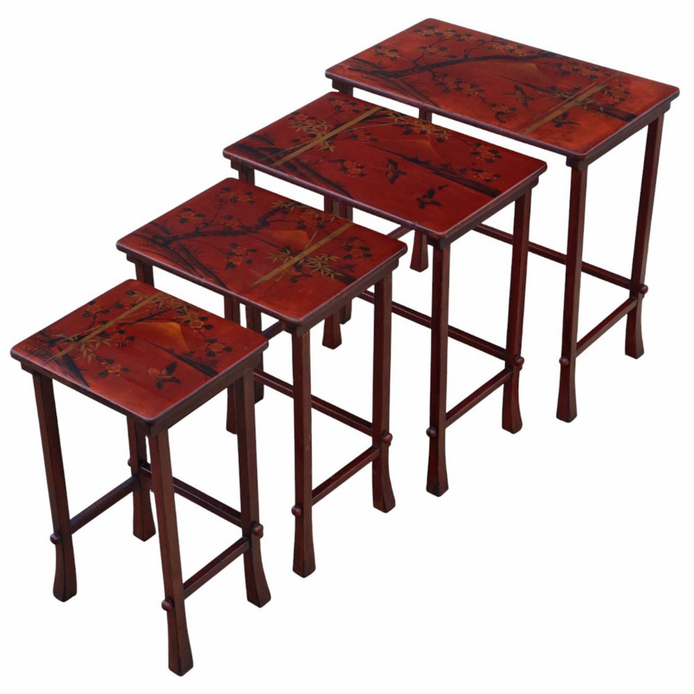 Antique c.1900 Japanese Red Lacquer Nest of 4 Side Tables – Fine Quality