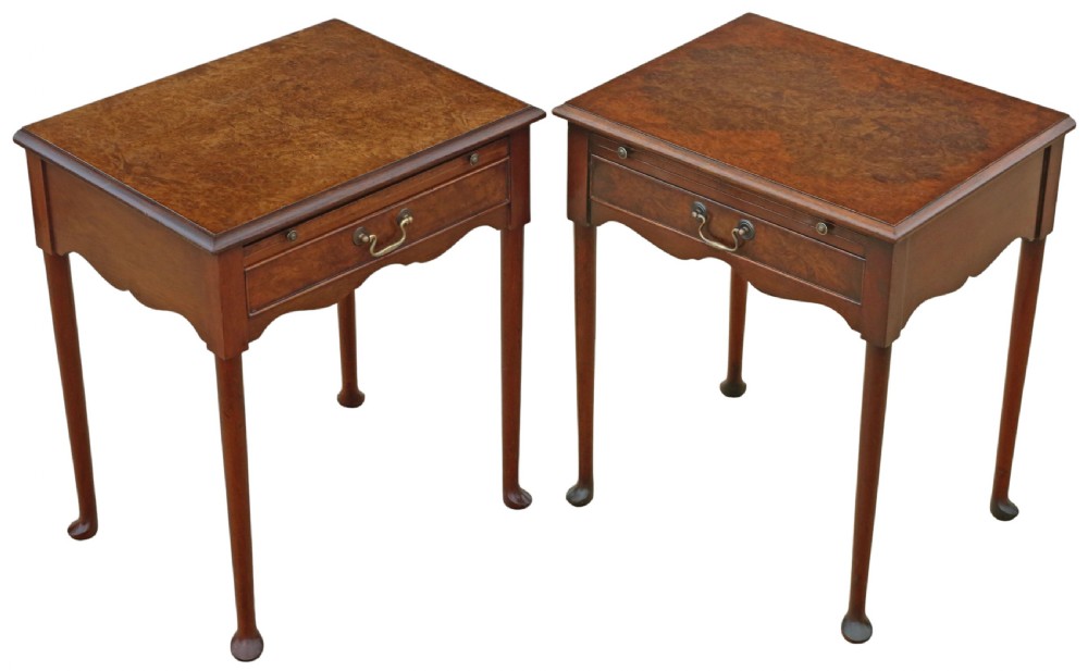 Fine Quality Vintage Mid-Century C1950 Pair of Burr Walnut Bedside Tables from The Savoy Hotel, London