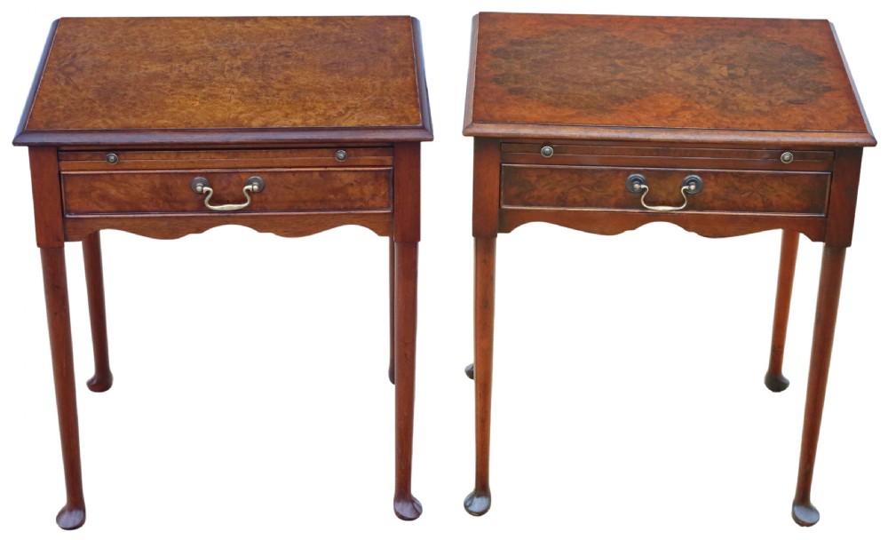 Fine Quality Vintage Mid-Century C1950 Pair of Burr Walnut Bedside Tables from The Savoy Hotel, London View II