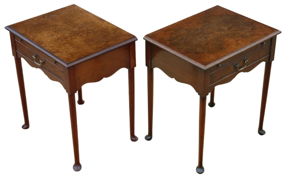 Fine Quality Vintage Mid-Century C1950 Pair of Burr Walnut Bedside Tables from The Savoy Hotel, London View VI