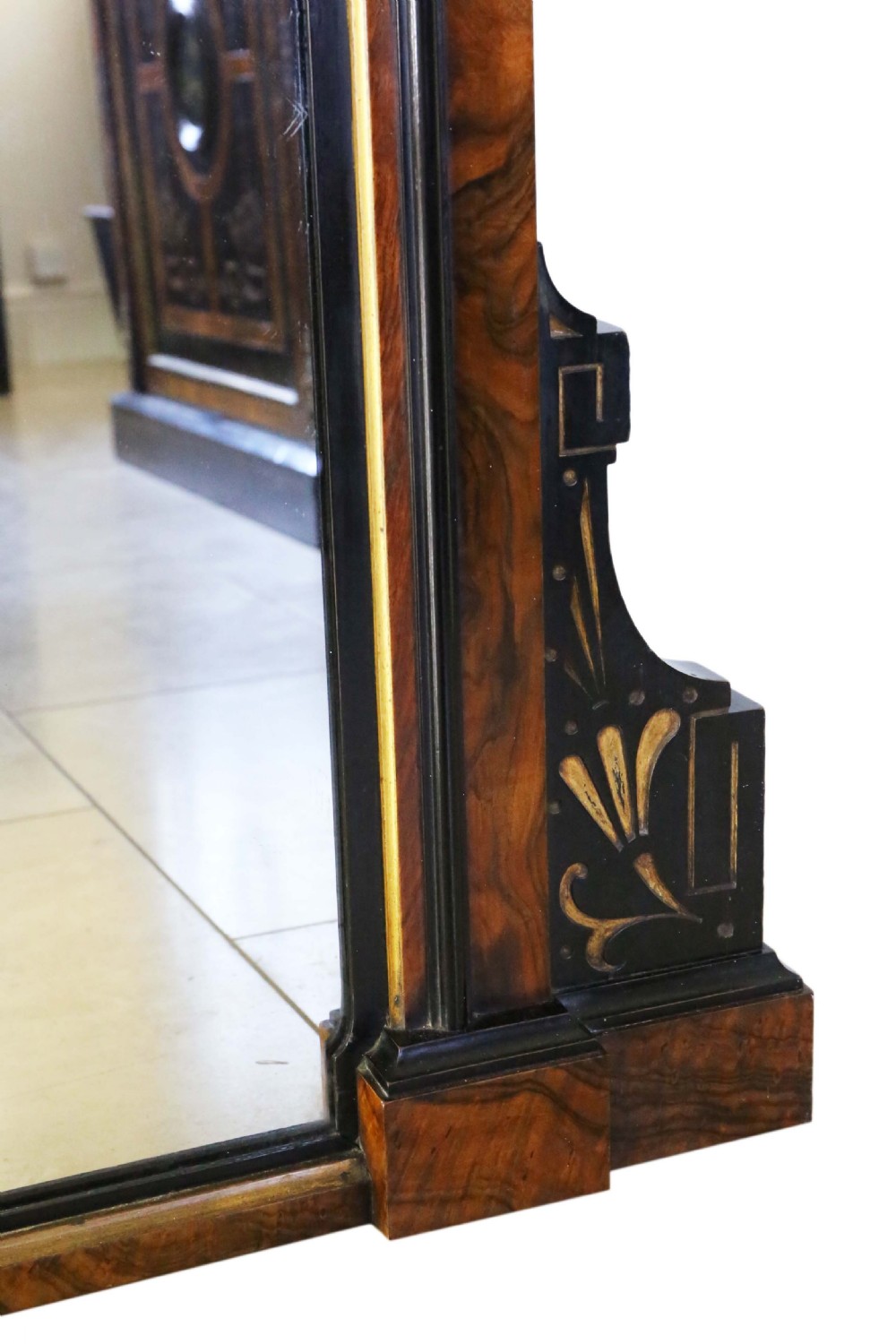 Antique c.1880 Aesthetic Movement Burr Walnut & Ebonised Overmantle Mirror – Very Large, Fine Quality View VII