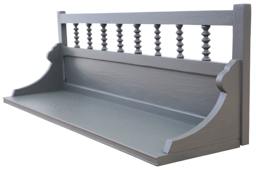 An antique grey painted wooden wall display shelf featuring a top gallery rail with turned spindles and shaped side brackets. View III