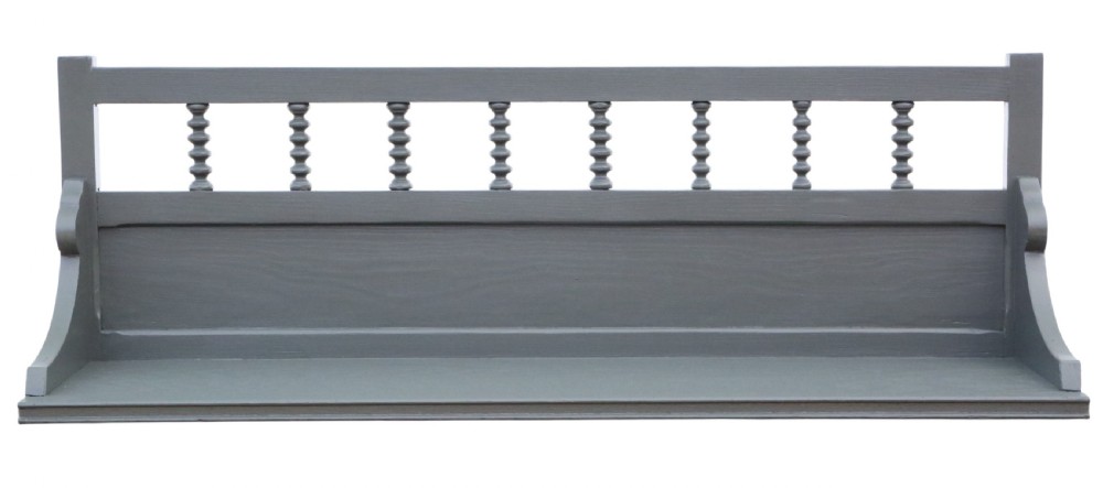 An antique grey painted wooden wall display shelf featuring a top gallery rail with turned spindles and shaped side brackets. View V