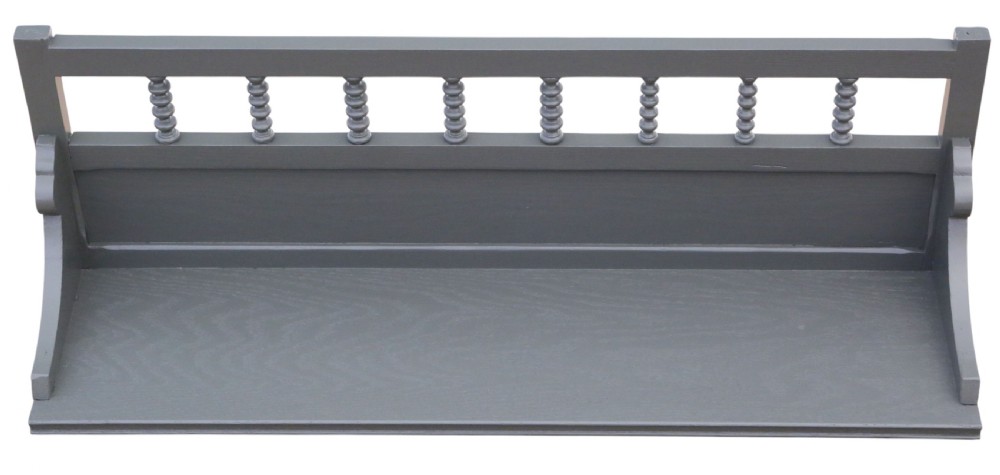 An antique grey painted wooden wall display shelf featuring a top gallery rail with turned spindles and shaped side brackets. View VI