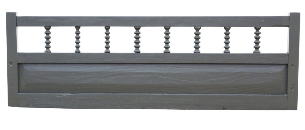 An antique grey painted wooden wall display shelf featuring a top gallery rail with turned spindles and shaped side brackets. View VII