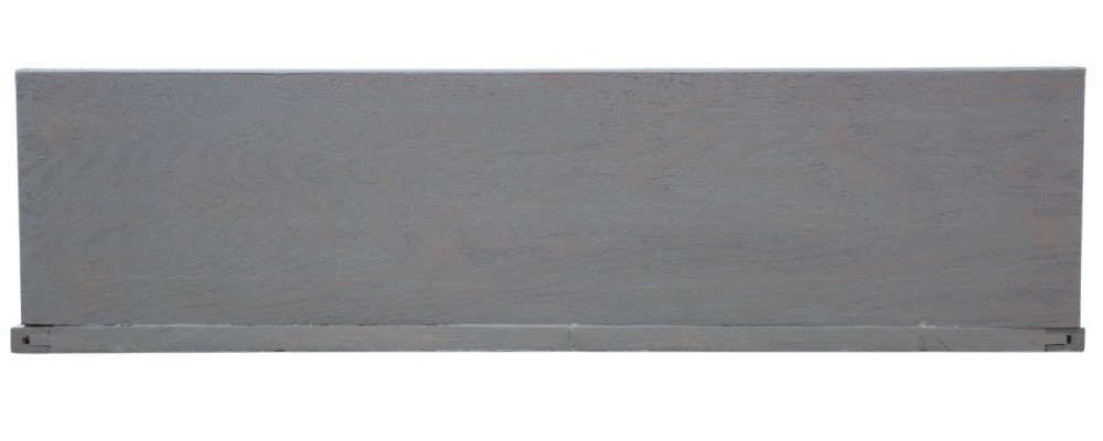 An antique grey painted wooden wall display shelf featuring a top gallery rail with turned spindles and shaped side brackets. View VIII