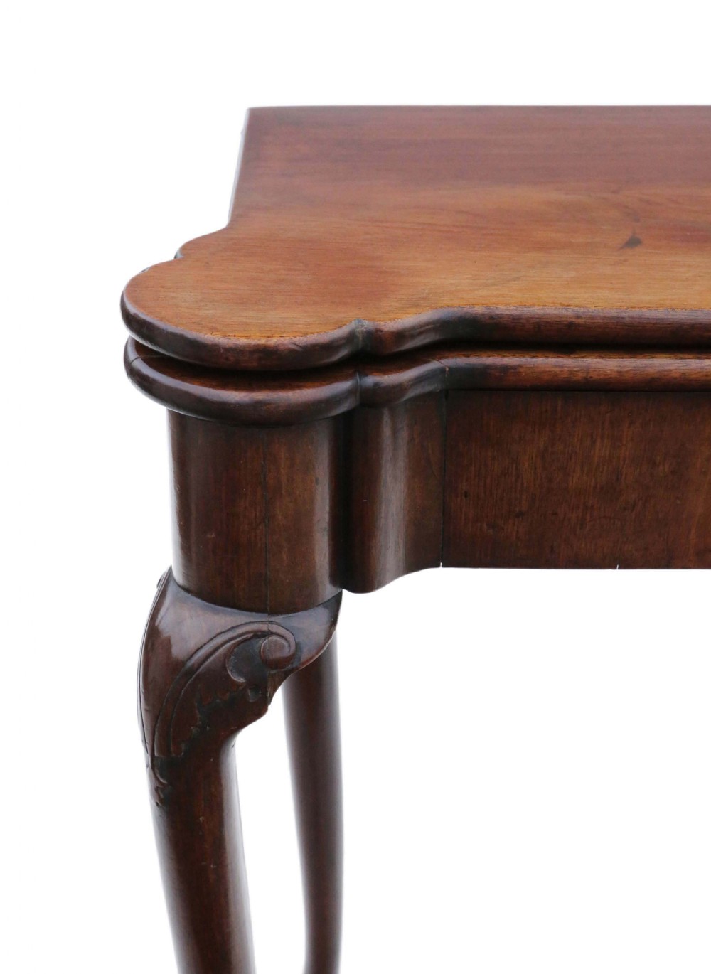 A George II mahogany folding tea table featuring a shaped fold-over top, a single drawer with a brass keyhole escutcheon, and carved cabriole legs ending in pad feet. View VI