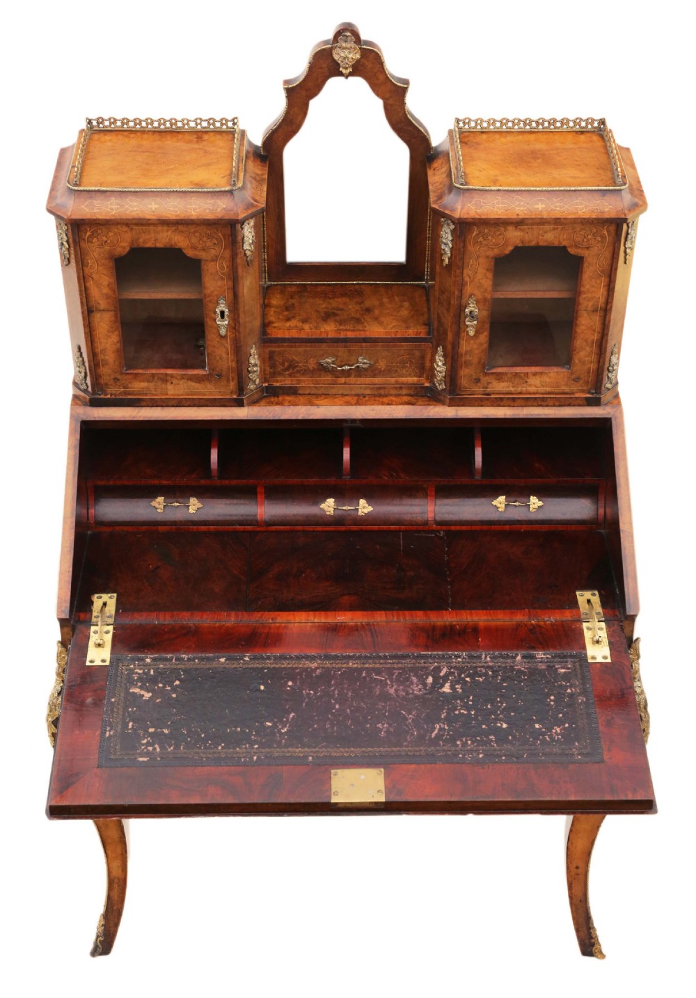 A 19th-century burr walnut bonheur de jour featuring floral marquetry inlay, cabriole legs, brass mounts, and a twin-cabinet upper superstructure with a central mirror. View V