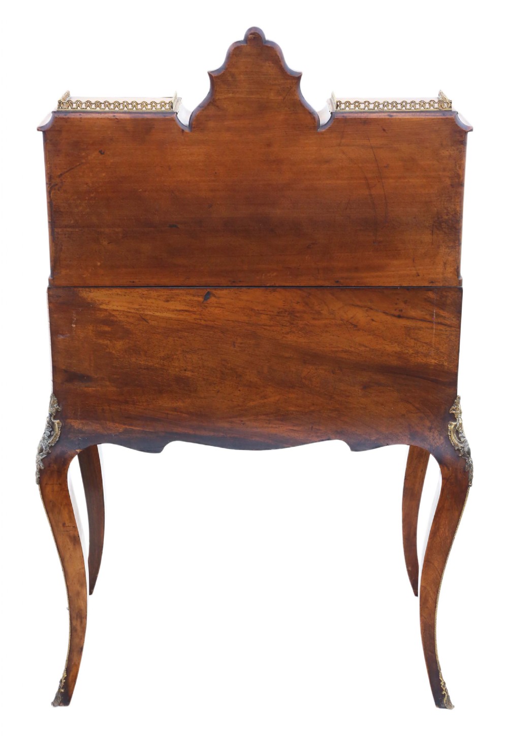 A 19th-century burr walnut bonheur de jour featuring floral marquetry inlay, cabriole legs, brass mounts, and a twin-cabinet upper superstructure with a central mirror. View IX