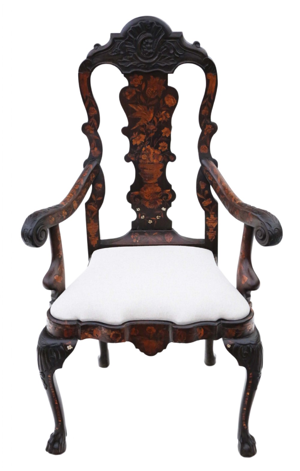 An 18th-century Dutch marquetry armchair featuring intricate floral wood inlays, carved cabriole legs with claw-and-ball feet, curved armrests, and a cream upholstered seat.