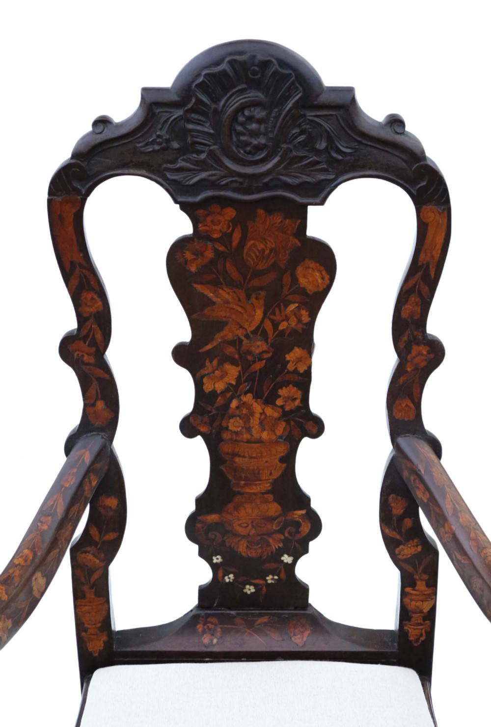 An 18th-century Dutch marquetry armchair featuring intricate floral wood inlays, carved cabriole legs with claw-and-ball feet, curved armrests, and a cream upholstered seat. View V