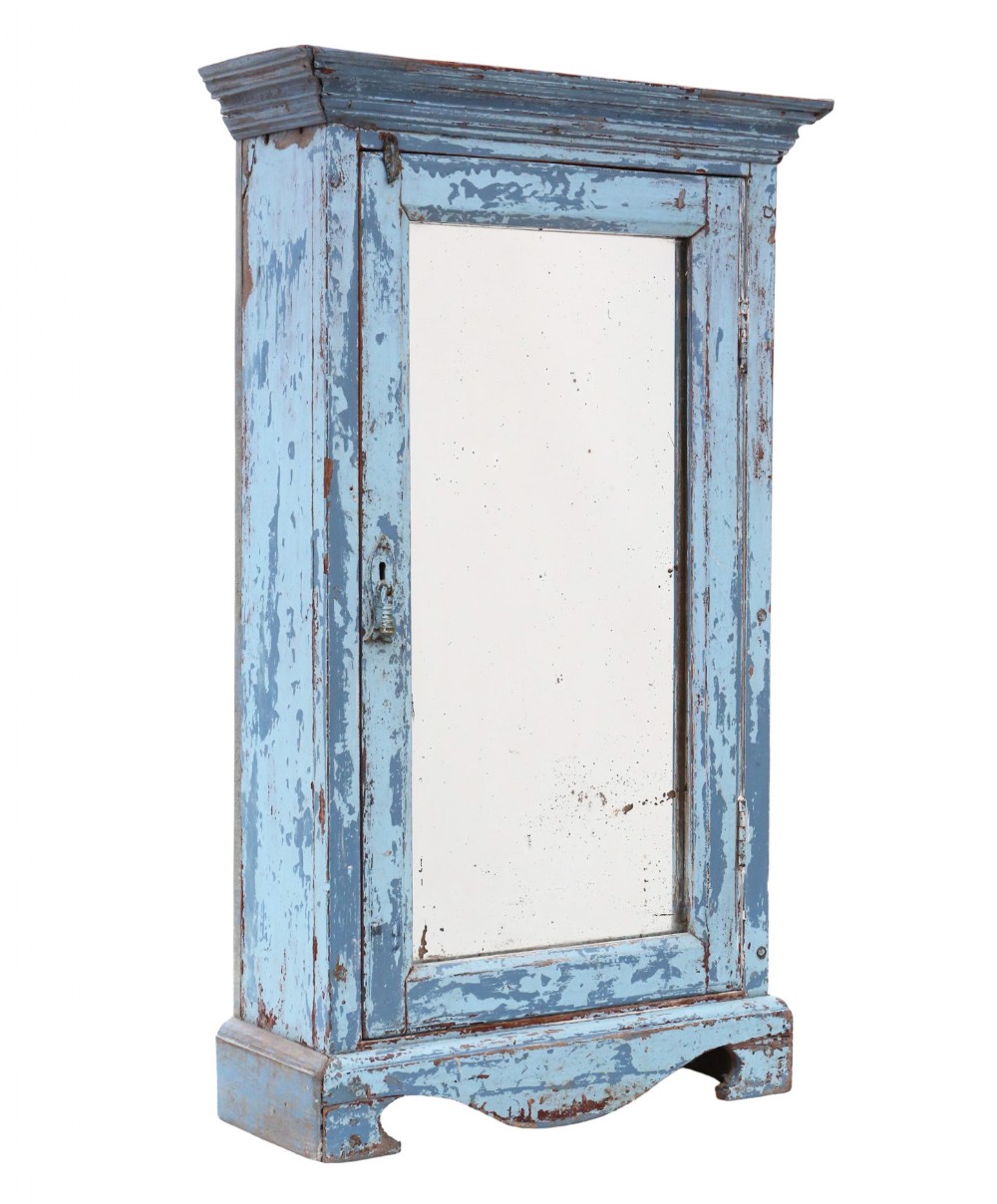 Antique c.1900 Distressed Blue Painted Wall Cabinet – Early 20th Century 
