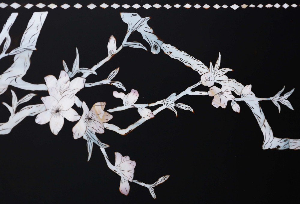 A four-panel black lacquer dressing screen decorated with inlaid mother-of-pearl birds, flowering branches, and circular floral medallions. View IV