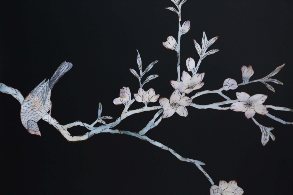 A four-panel black lacquer dressing screen decorated with inlaid mother-of-pearl birds, flowering branches, and circular floral medallions. View V