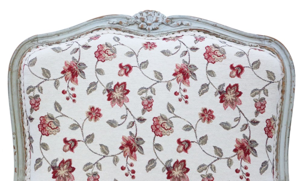 A pair of antique French Louis XV style open armchairs with carved light grey painted frames and floral print upholstery. View VIII