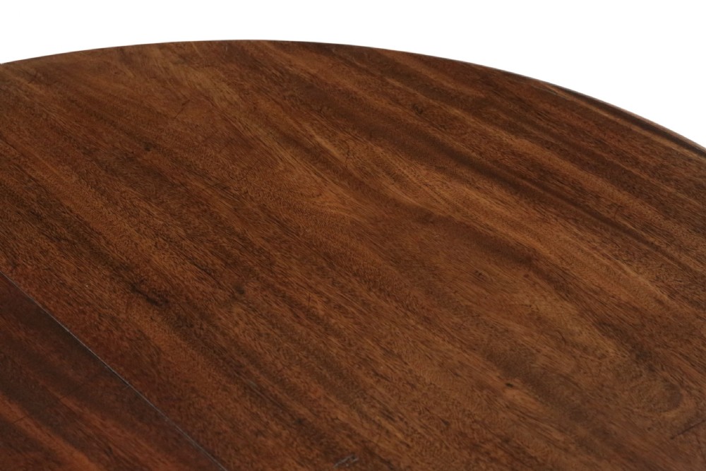 An antique nineteenth-century dark mahogany extending dining table featuring an oval top set on a central pedestal base with four carved paw feet. View VI