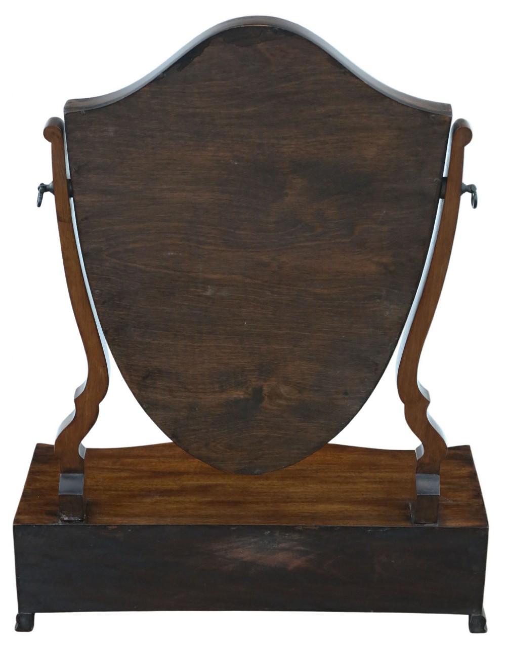 A 19th-century mahogany dressing table mirror featuring an arched shield-shaped glass frame supported by curved uprights above a serpentine base with three small drawers. View VIII