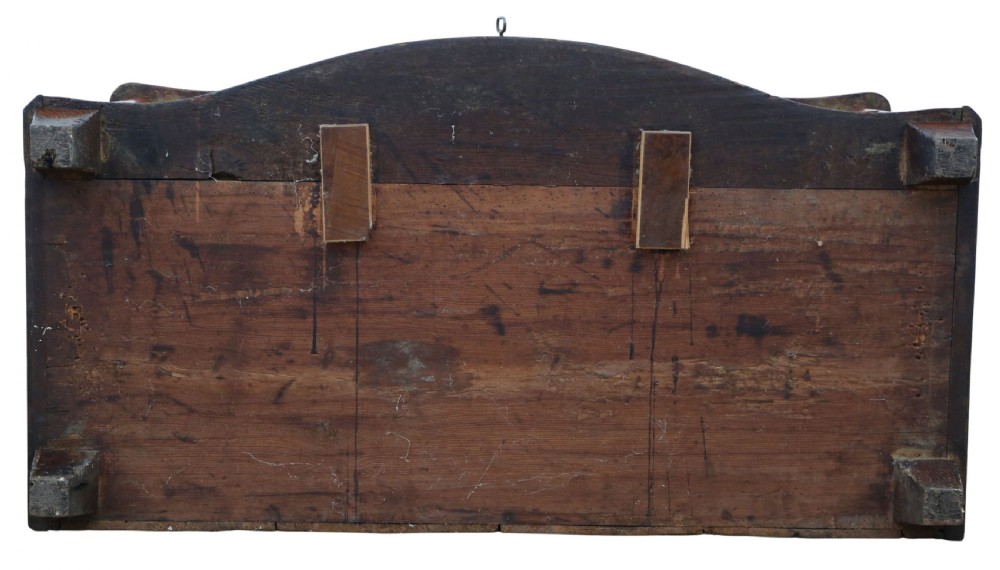 An 18th-century Continental oak and walnut chest of drawers featuring a serpentine front, crossbanded top, and three drawers with ornamental brass handles. View IX