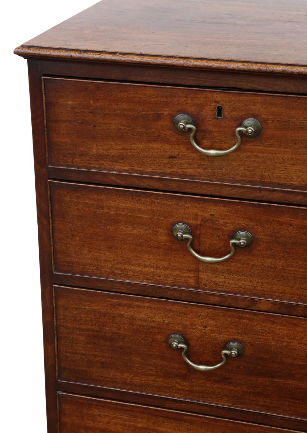 A late 18th-century Georgian mahogany chest of drawers featuring two short over three long graduated drawers with brass handles and bracket feet. View VII