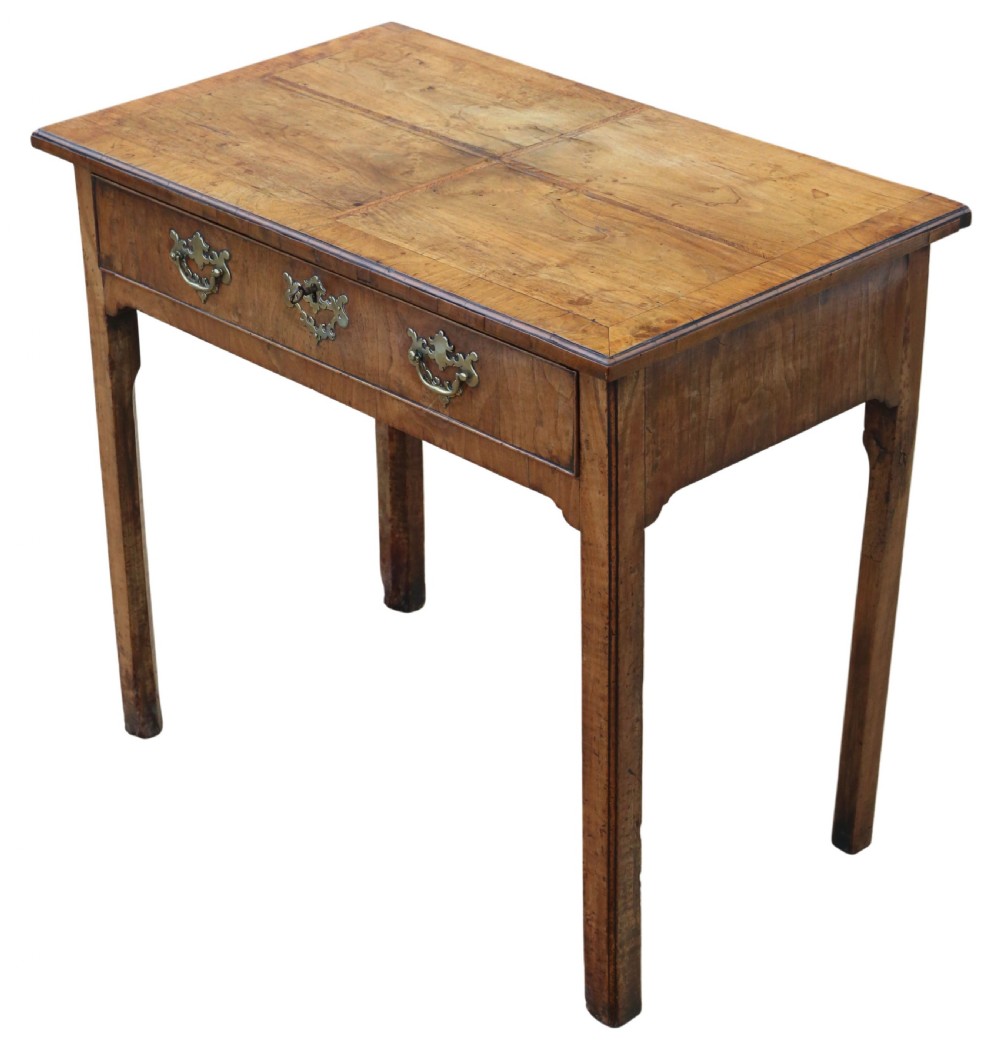 An 18th-century Georgian walnut writing table featuring a quarter-veneered top, single drawer with brass drop handles, and straight square legs. View II