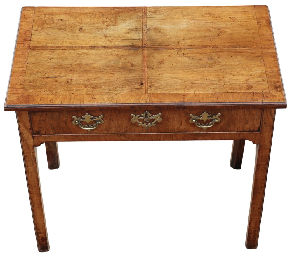 An 18th-century Georgian walnut writing table featuring a quarter-veneered top, single drawer with brass drop handles, and straight square legs. View III