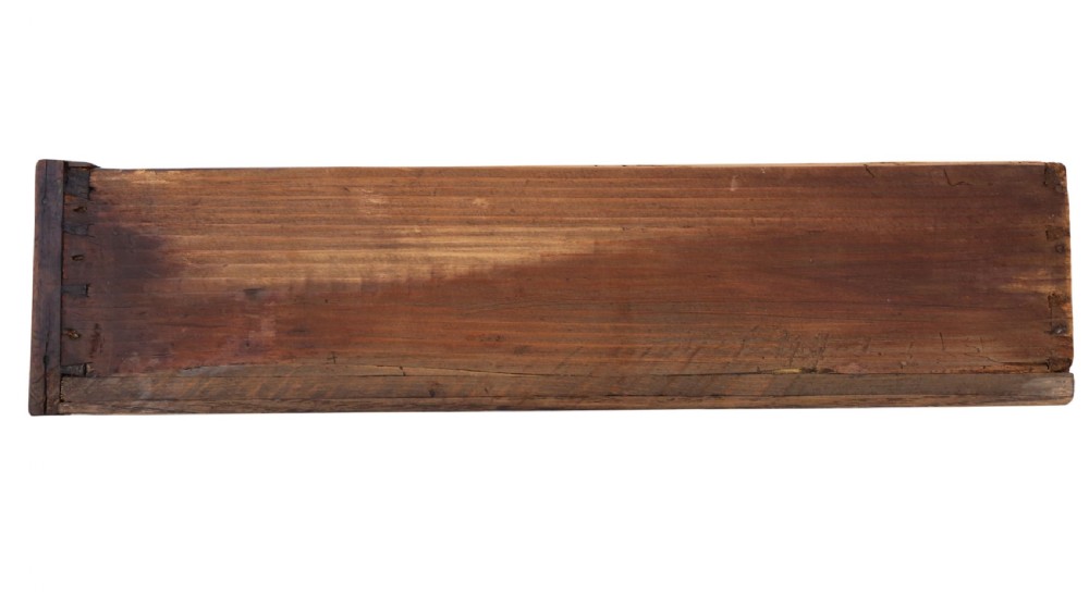 An 18th-century Georgian walnut writing table featuring a quarter-veneered top, single drawer with brass drop handles, and straight square legs. View V
