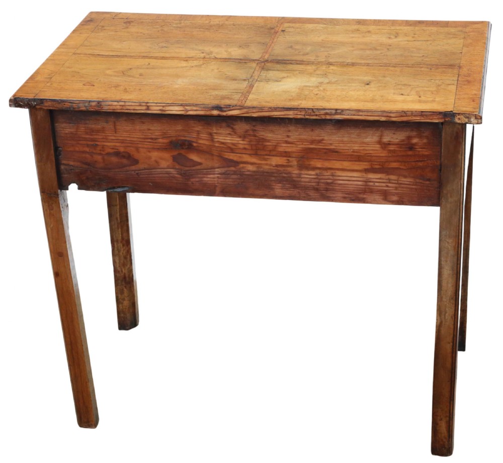 An 18th-century Georgian walnut writing table featuring a quarter-veneered top, single drawer with brass drop handles, and straight square legs. View VII