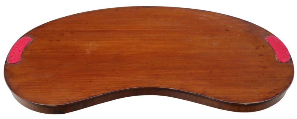 A kidney-shaped mahogany serving tray featuring floral marquetry inlay, a raised gallery, and twin brass handles. View VII