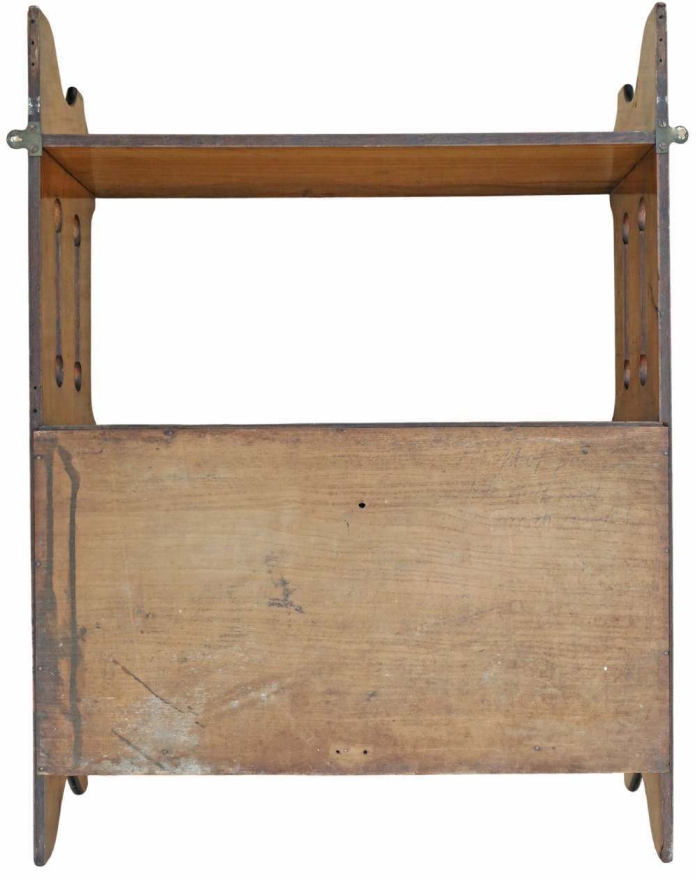 A 19th-century warm brown limewood wall cabinet featuring an upper open shelf, shaped side panels with vertical cutouts, and a lower two-door cupboard framed with dark ebonised mouldings. View V