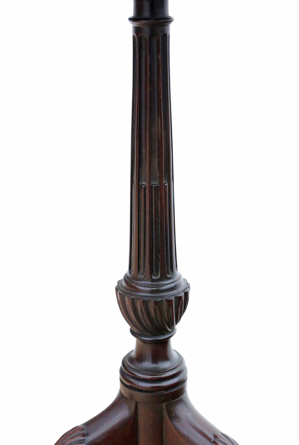 A dark mahogany tripod wine table featuring a scalloped shaped top, a fluted column stem, and three carved legs. View IV