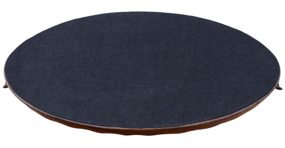An oval mahogany serving tray featuring detailed floral marquetry inlay, a scalloped rim, and two cast brass handles. View V