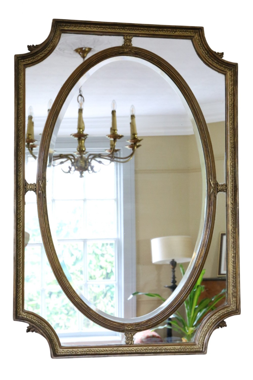 Antique c.1900 Gilt Cushion Overmantle Wall Mirror with Bevel Edge Glass