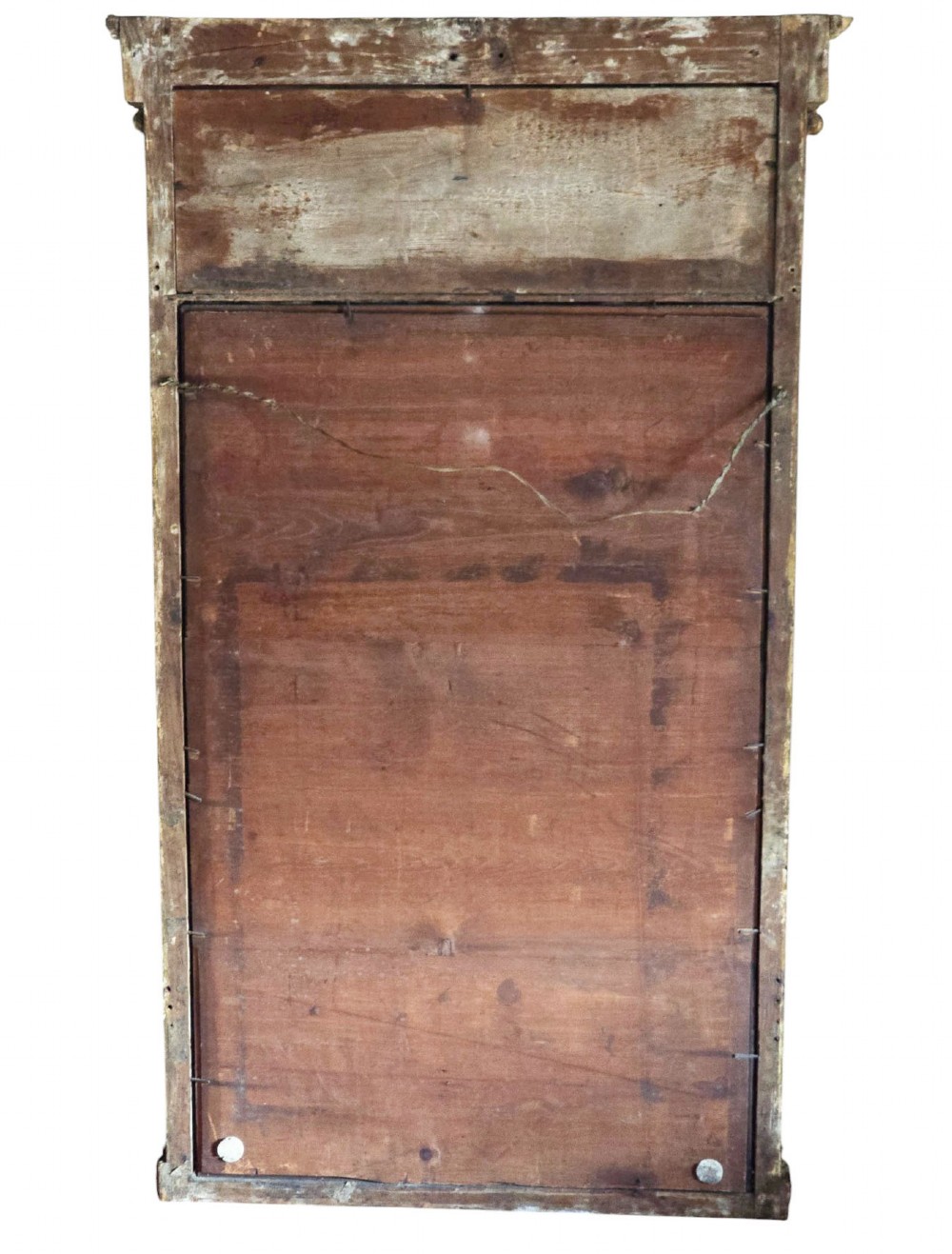 A tall 19th-century neoclassical overmantel pier mirror featuring a gilt frame, fluted side pilasters, and an upper floral frieze panel. View V