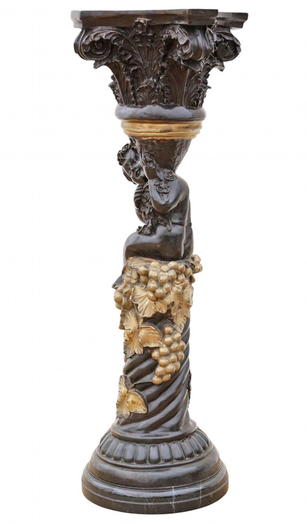 A French dark bronze and gilt pedestal stand featuring an acanthus-carved capital top, a central putto among gilded grapevines, and a stepped circular base. View V