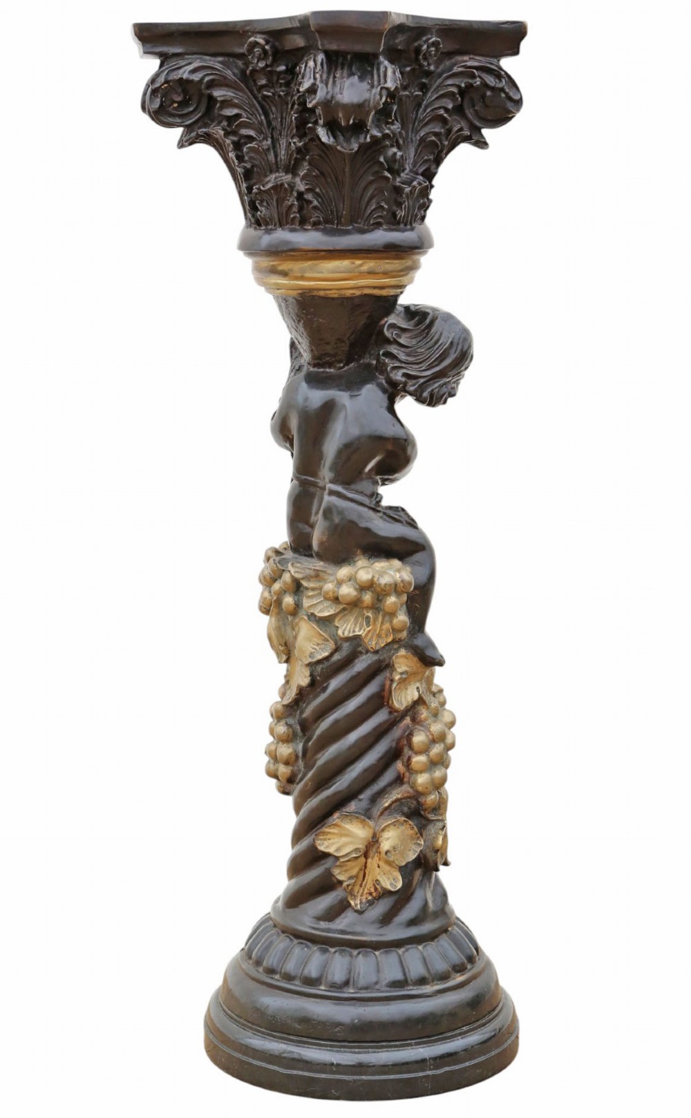 A French dark bronze and gilt pedestal stand featuring an acanthus-carved capital top, a central putto among gilded grapevines, and a stepped circular base. View VI