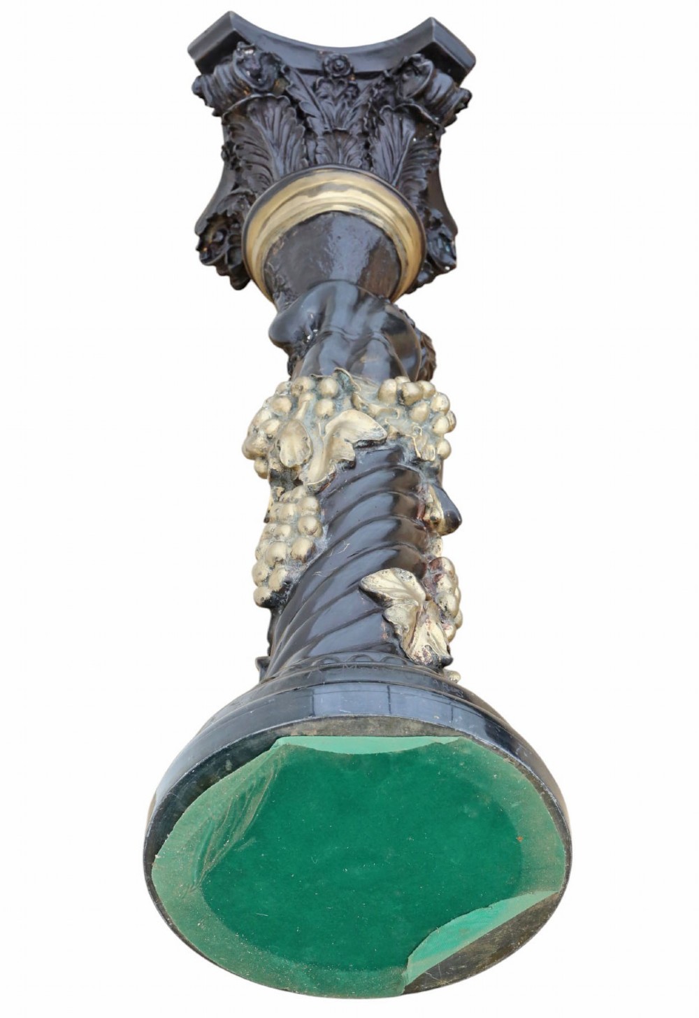 A French dark bronze and gilt pedestal stand featuring an acanthus-carved capital top, a central putto among gilded grapevines, and a stepped circular base. View VIII