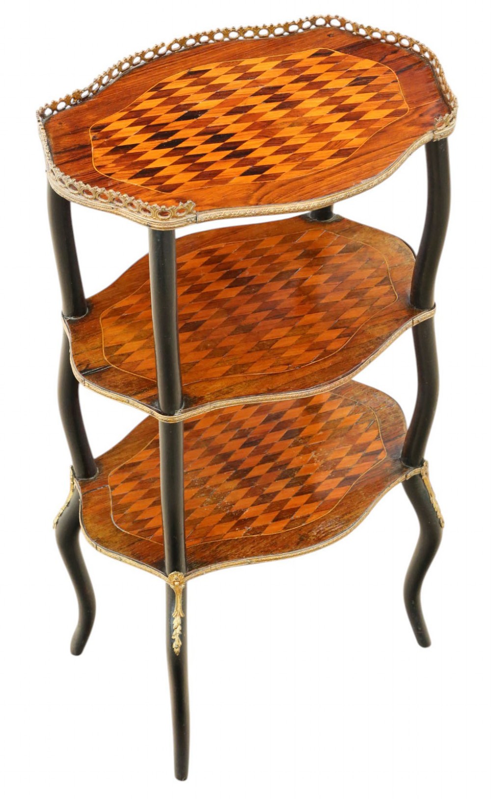 A three-tier ebonised etagere featuring diamond-pattern parquetry shelves and a pierced brass gallery edge. View III