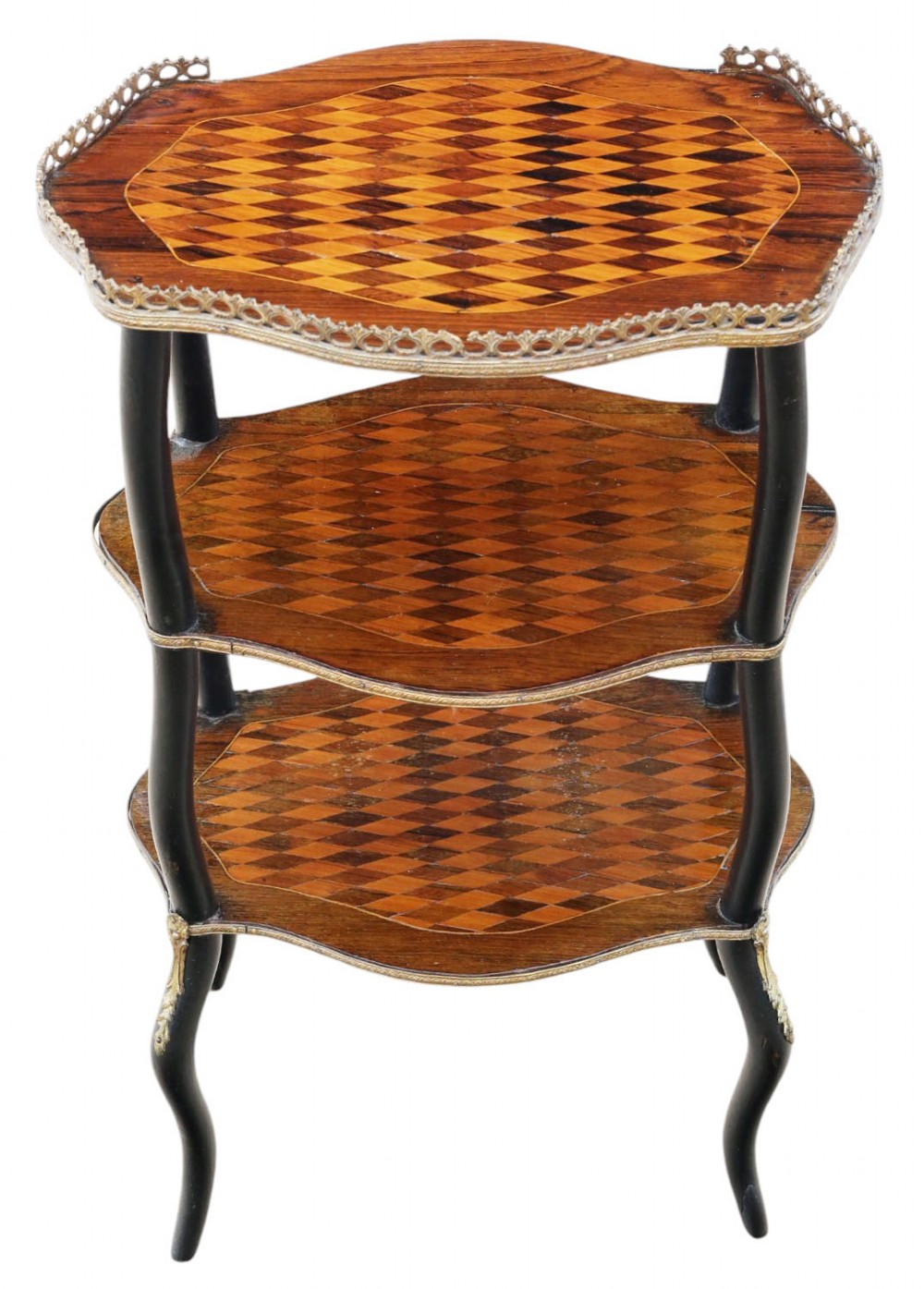 A three-tier ebonised etagere featuring diamond-pattern parquetry shelves and a pierced brass gallery edge. View V