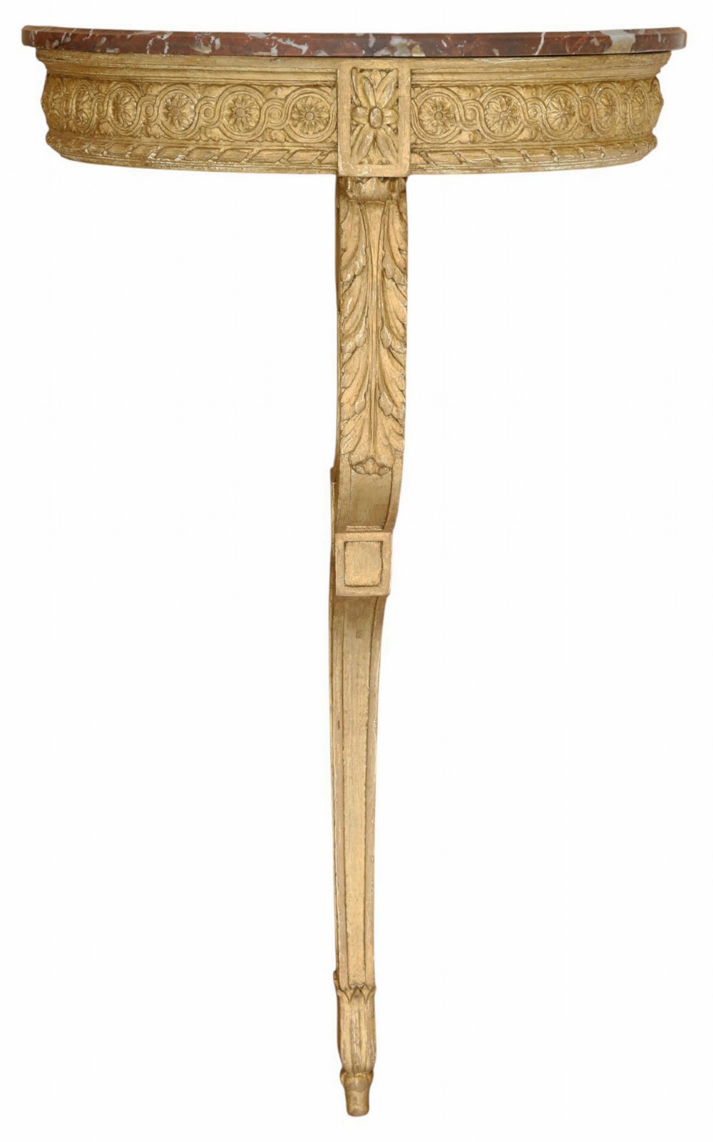 A wall-mounted semi-circular console table featuring a red marble top above a carved gold gilt support leg. View II