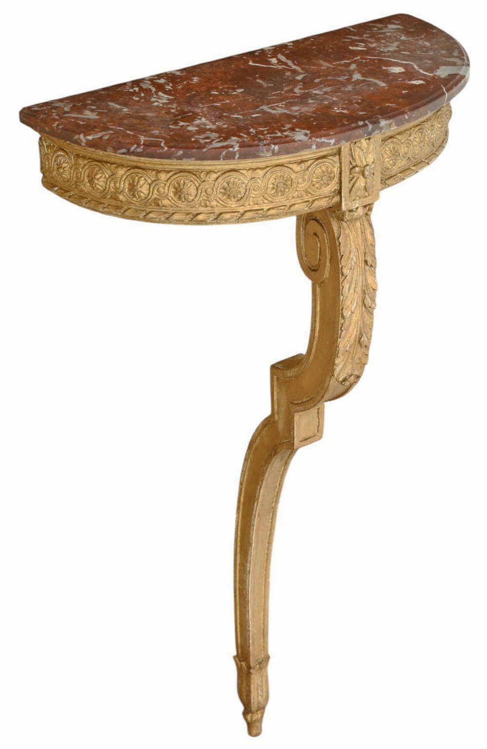 A wall-mounted semi-circular console table featuring a red marble top above a carved gold gilt support leg. View III