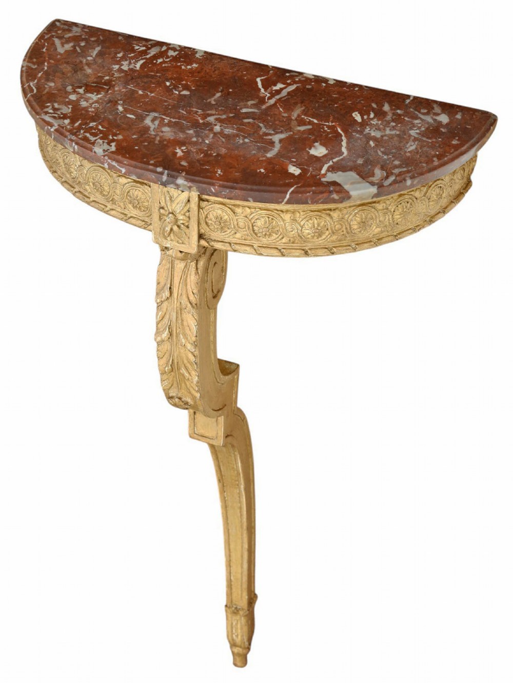 A wall-mounted semi-circular console table featuring a red marble top above a carved gold gilt support leg. View IV