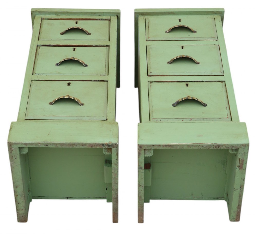 A pair of matching narrow green-painted wooden bedside cabinets, each featuring three drawers with brass shell cup handles and a solid plinth base. View VIII