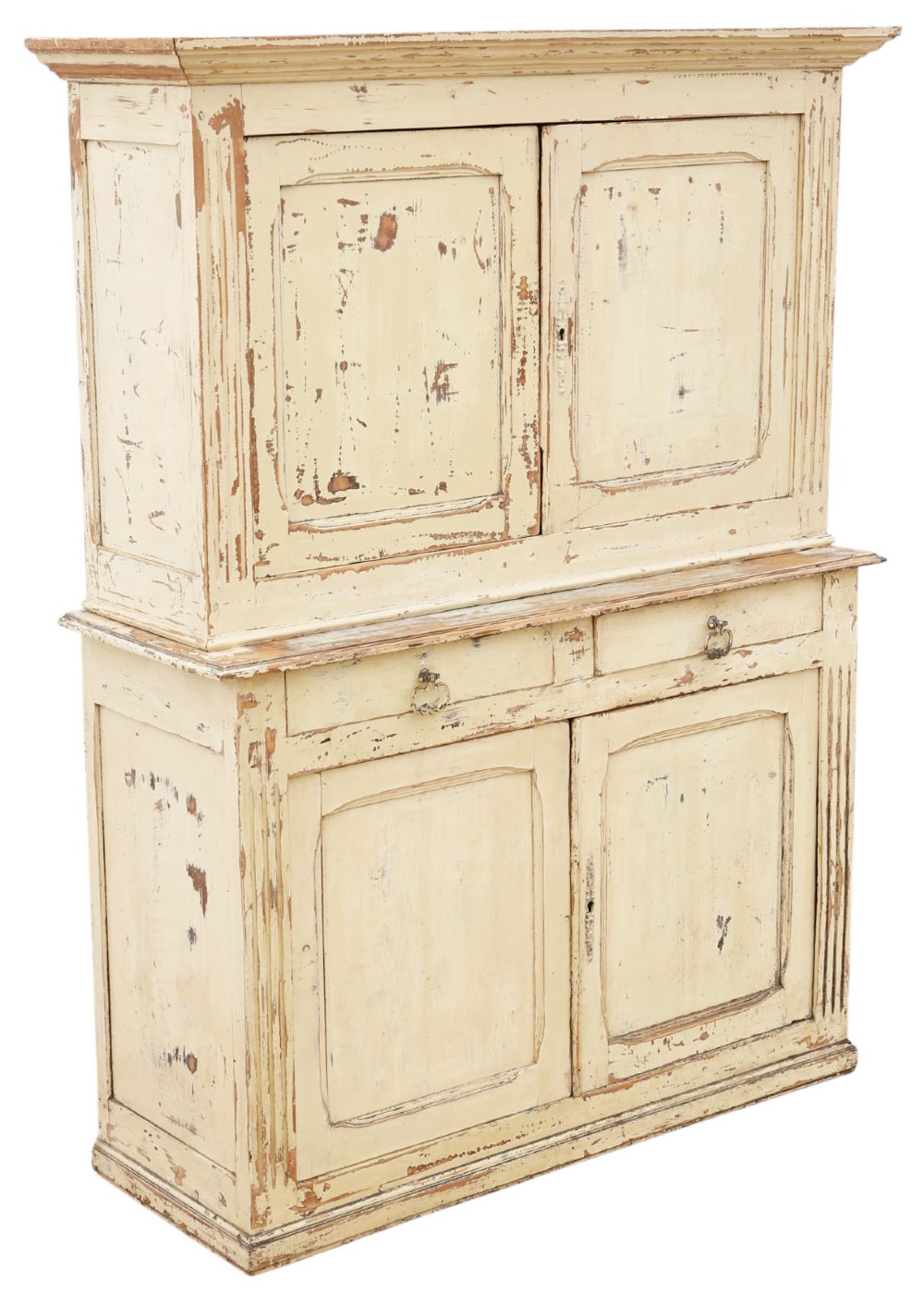 A 19th-century two-tier wooden storage cupboard painted in distressed cream, featuring fluted side details, upper and lower double doors with fielded panels, and two central drawers. View II