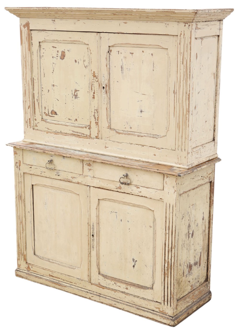 A 19th-century two-tier wooden storage cupboard painted in distressed cream, featuring fluted side details, upper and lower double doors with fielded panels, and two central drawers. View III