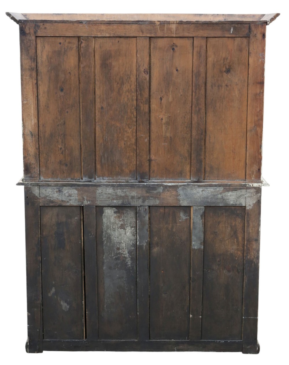 A 19th-century two-tier wooden storage cupboard painted in distressed cream, featuring fluted side details, upper and lower double doors with fielded panels, and two central drawers. View IX
