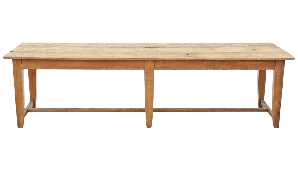 A long 19th-century pine refectory dining table featuring a three-plank top, six tapered square legs, and an H-stretcher base. View VII