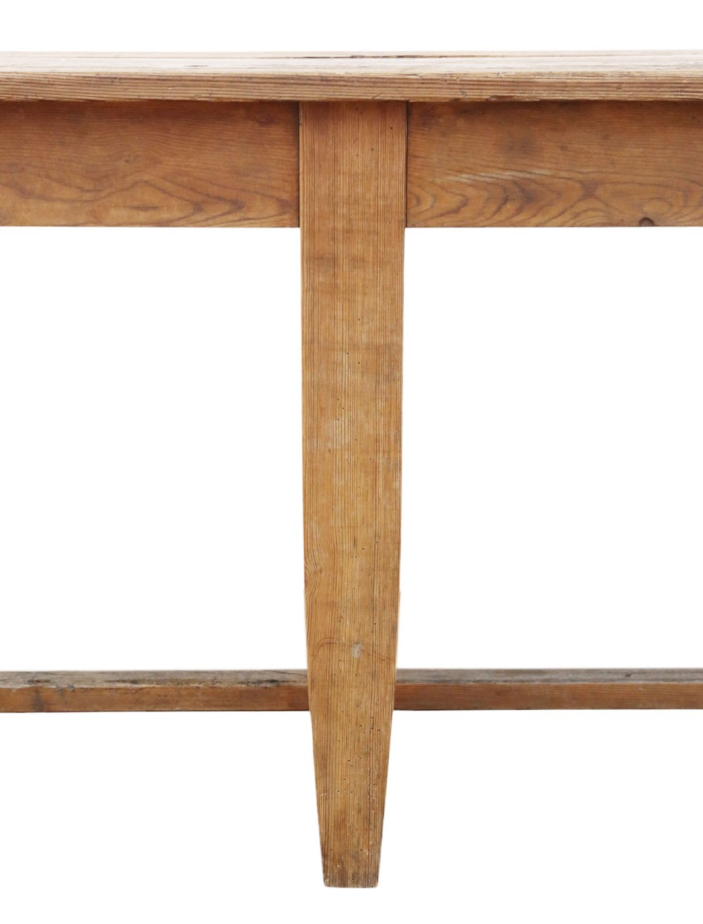 A long 19th-century pine refectory dining table featuring a three-plank top, six tapered square legs, and an H-stretcher base. View VIII