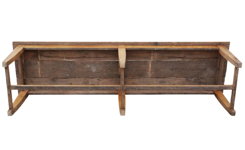 A long 19th-century pine refectory dining table featuring a three-plank top, six tapered square legs, and an H-stretcher base. View XI